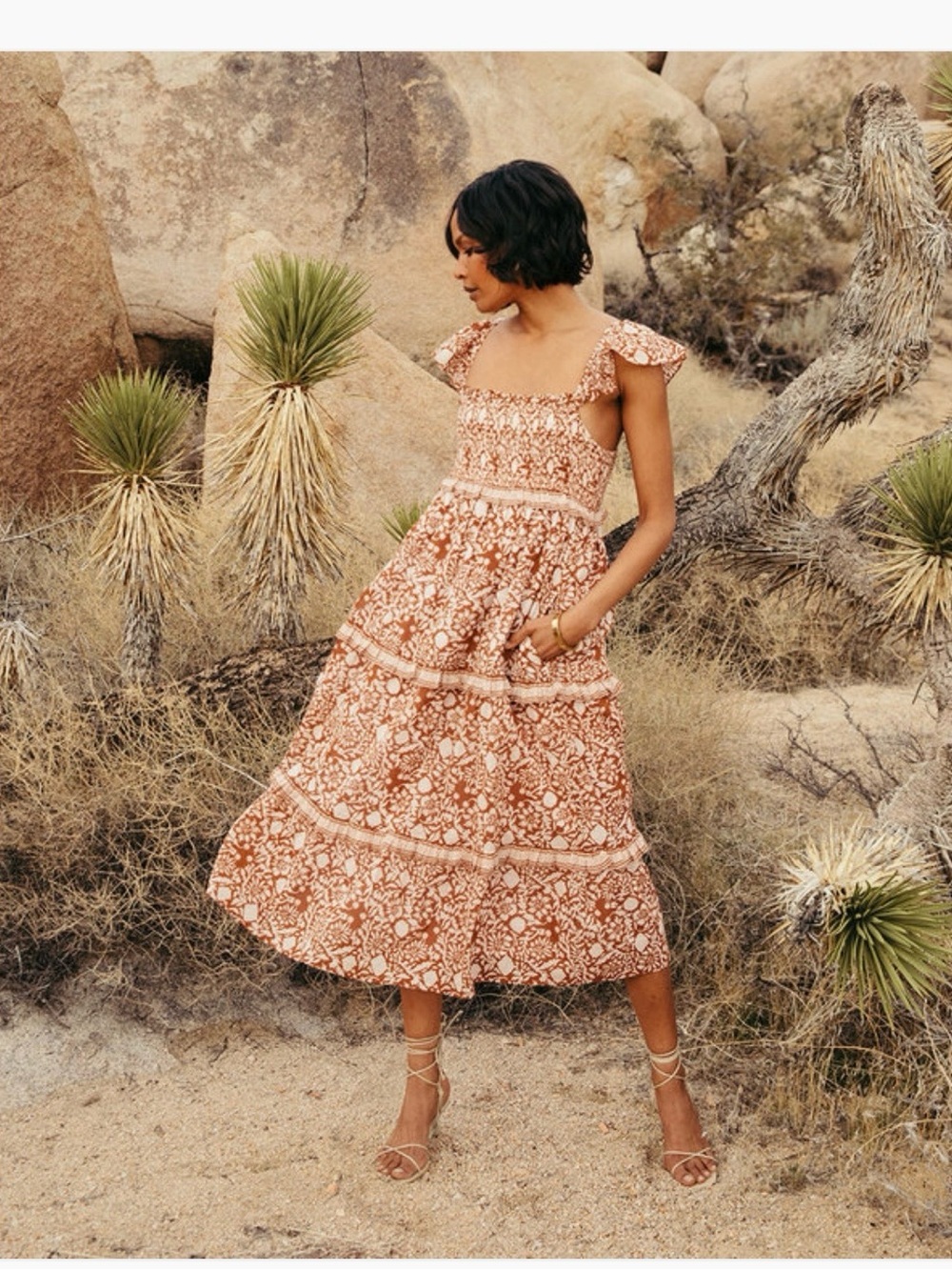 Cleobella Rust Floral Smocked Midi Dress with Ruffled Straps